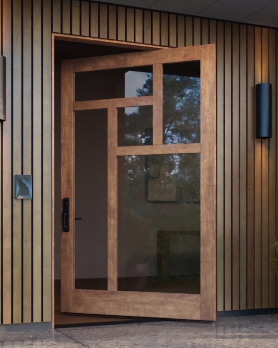 Oculus| Mahogany Oculus Stylish Multi Lite SDL Contemporary Modern Shaker Pivot Door