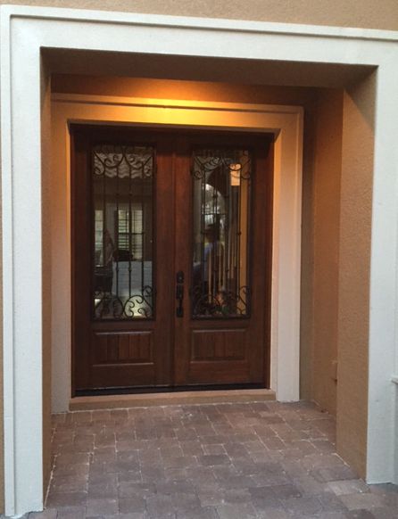 96" Double 1 Panel 3/4 Lite Valencia Wrought Iron Mahogany/Alder Door