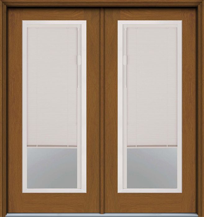 80" Blink Blinds Low-E Narrow Full Lite Contemporary Woodgrain Fiberglass Double Door, HVHZ Impact