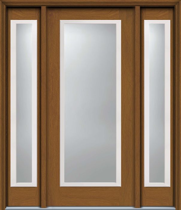 80" Full Lite Contemporary Woodgrain Fiberglass Single Door, Sidelites, WBD Impact