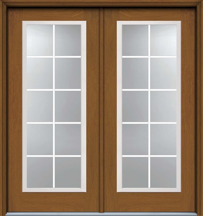 80" Full Lite, 10 Lite GBG Colonial Woodgrain Fiberglass Double Door, WBD Impact