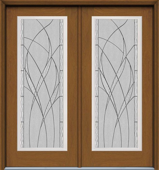 80" Waterside Full Lite Contemporary Woodgrain Fiberglass Double Door, WBD Impact