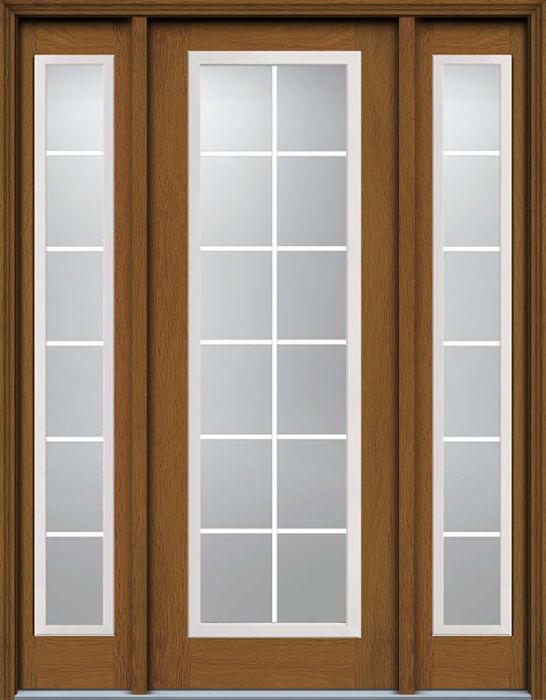 96" Full Lite, 12 Lite GBG Colonial Woodgrain Fiberglass Single Door, Sidelites, HVHZ Impact