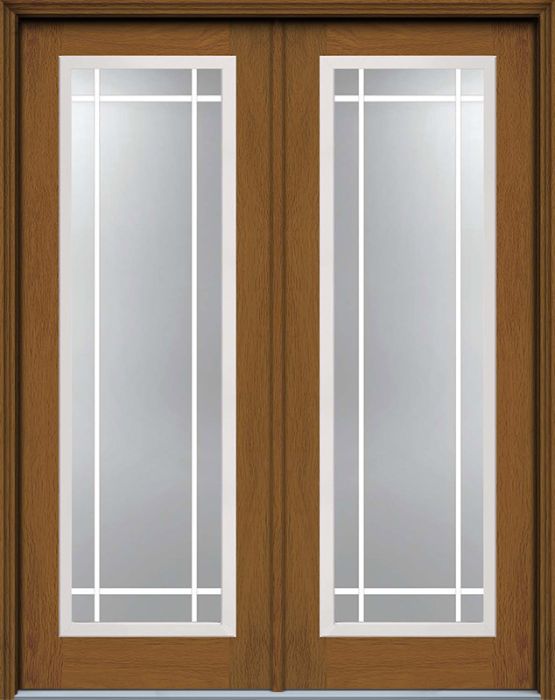 96" Low-E Prairie Full Lite GBG Woodgrain Fiberglass Double Door, HVHZ Impact