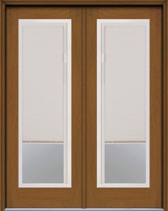 96" Blink Blinds Low-E Full Lite Contemporary Woodgrain Fiberglass Double Door, HVHZ Impact