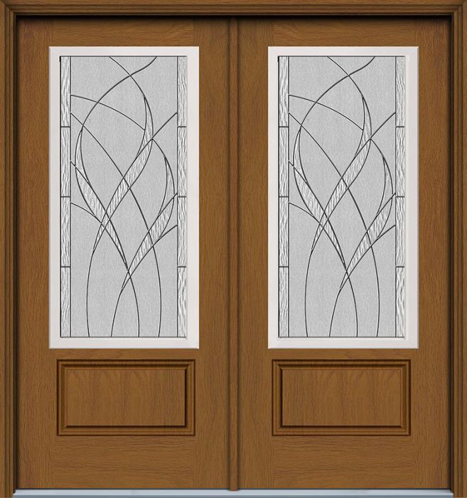 80" Waterside 3/4 Lite 1 Panel Contemporary Woodgrain Fiberglass Double Door, WBD Impact