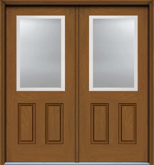 80" Low-E 1/2 Lite 2 Panel Woodgrain Fiberglass Double Door, HVHZ Impact