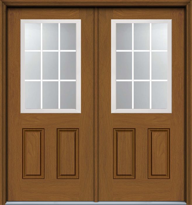 80" 1/2 Lite, 9 Lite GBG 2 Panel Colonial Woodgrain Fiberglass Double Door, HVHZ Impact