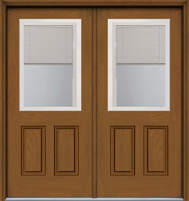 80" Blink Blinds 1/2 Lite 2 Panel Contemporary Woodgrain Fiberglass Double Door, HVHZ Impact