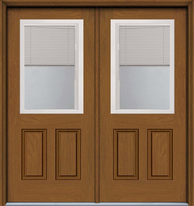 80" Blink Blinds Low-E 1/2 Lite 2 Panel Contemporary Woodgrain Fiberglass Double Door, WBD Impact