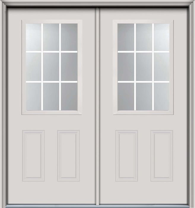 80" 1/2 Lite, 9 Lite GBG 2 Panel Colonial Smooth Fiberglass Double Door, HVHZ Impact