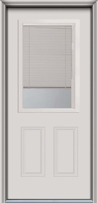 80" Blink Blinds Low-E 1/2 Lite 2 Panel Contemporary Smooth Fiberglass Single Door, HVHZ Impact