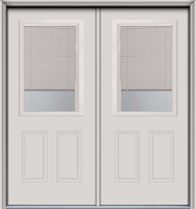 80" Blink Blinds Low-E 1/2 Lite 2 Panel Contemporary Smooth Fiberglass Double Door, HVHZ Impact