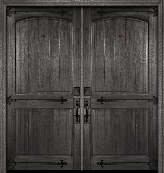 36" x 80" Double Arch 2 Panel V-Grooved DoorCraft Mahogany Door with Straps