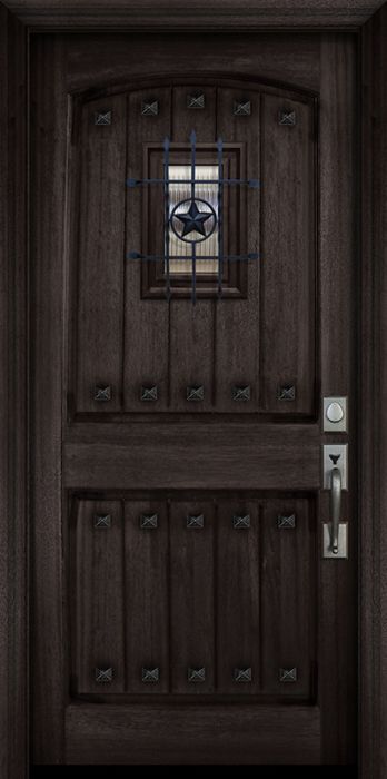 36" x 80" Arch 2 Panel V-Grooved DoorCraft Mahogany Door with Speakeasy & Clavos