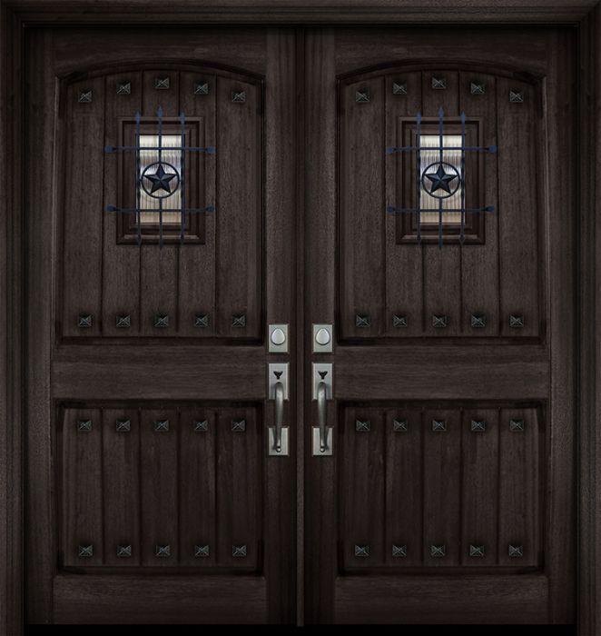 36" x 80" Double Arch 2 Panel V-Grooved DoorCraft Mahogany Door with Speakeasy & Clavos