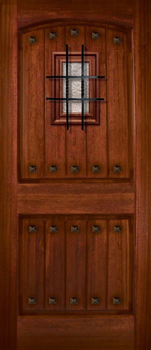36" x 80" Arch 2 Panel V-Grooved DoorCraft Mahogany Door with Speakeasy & Clavos
