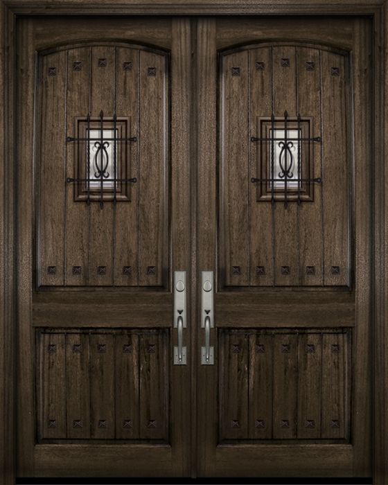 36" x 96" Double Arch 2 Panel V-Grooved DoorCraft Mahogany Door with Speakeasy & Clavos