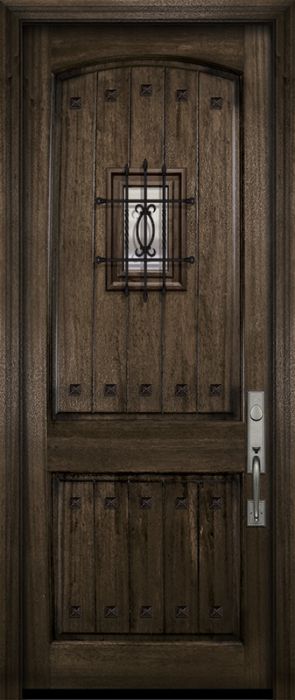 42" x 96" Arch 2 Panel V-Grooved DoorCraft Mahogany Door with Speakeasy & Clavos