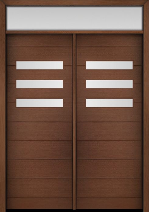 96" Mahogany Luca Horizontal 3 Lite Contemporary Modern Double Door & Rec Transom