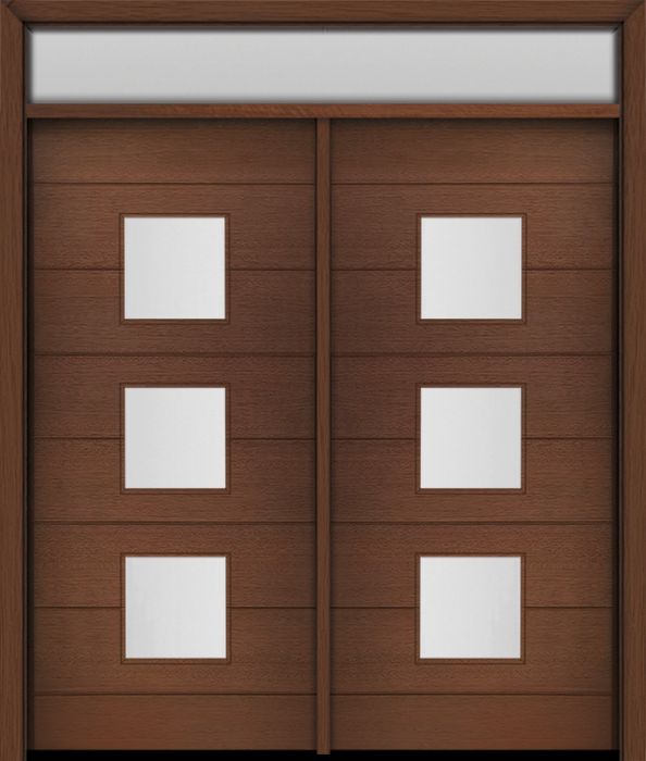 80" Mahogany Luca Square 3 Lite Contemporary Modern Double Door & Rec Transom