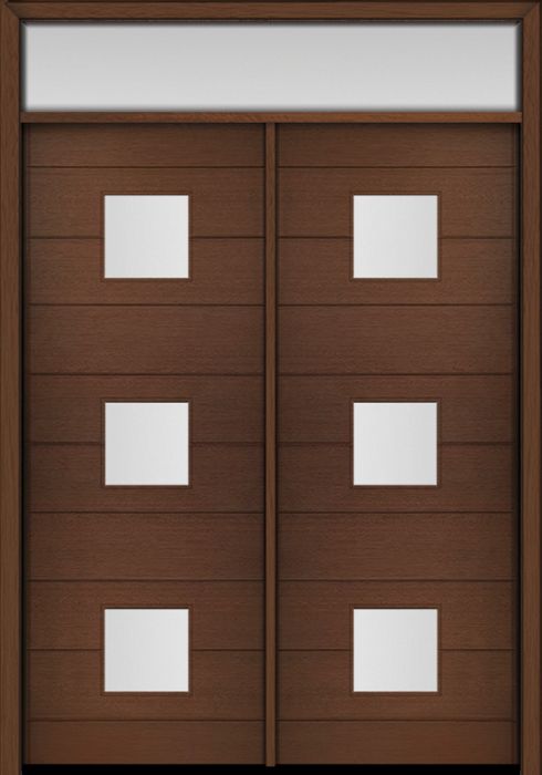 96" Mahogany Luca Square 3 Lite Contemporary Modern Double Door & Rec Transom