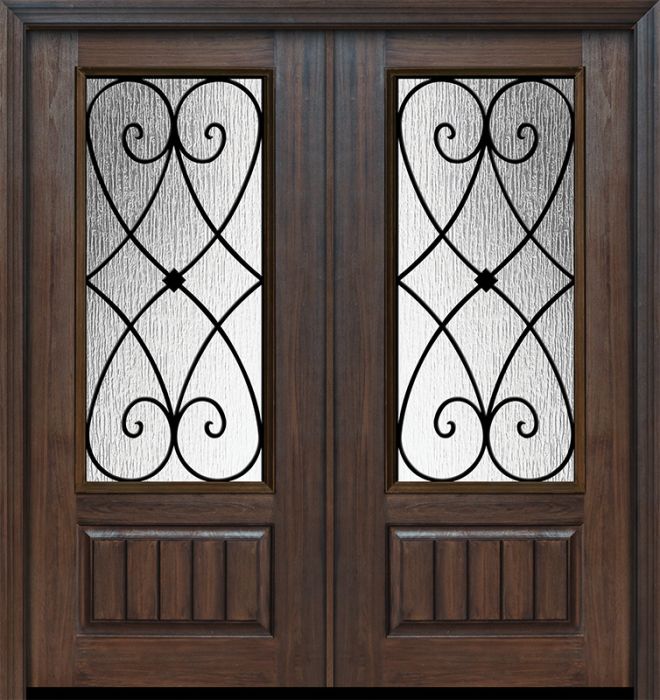 Pro 80" Double 1 Panel 3/4 Lite Charleston Wrought Iron Mahogany Door