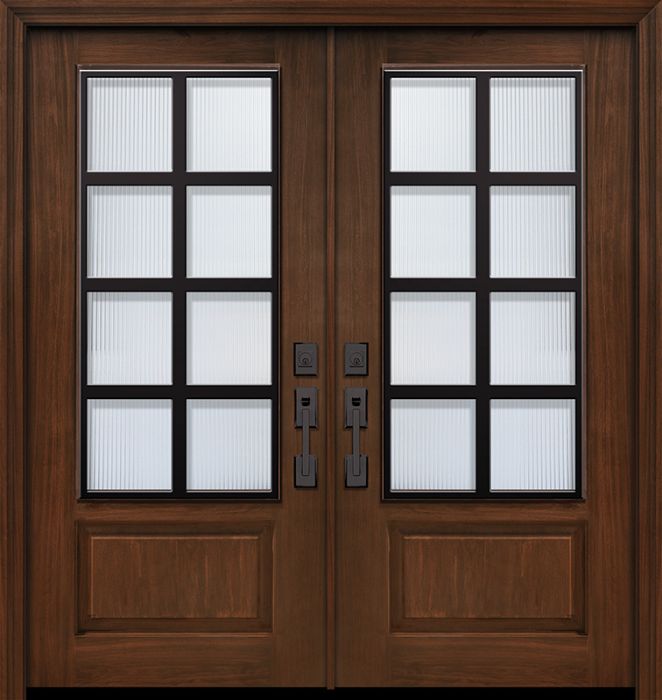 Pro 80" Double 1 Panel 3/4 Lite Minimal Steel Grille Mahogany Door