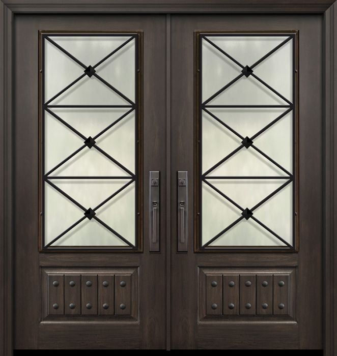 80" Double 1 Panel 3/4 Lite Republic Wrought Iron Mahogany/Alder Door