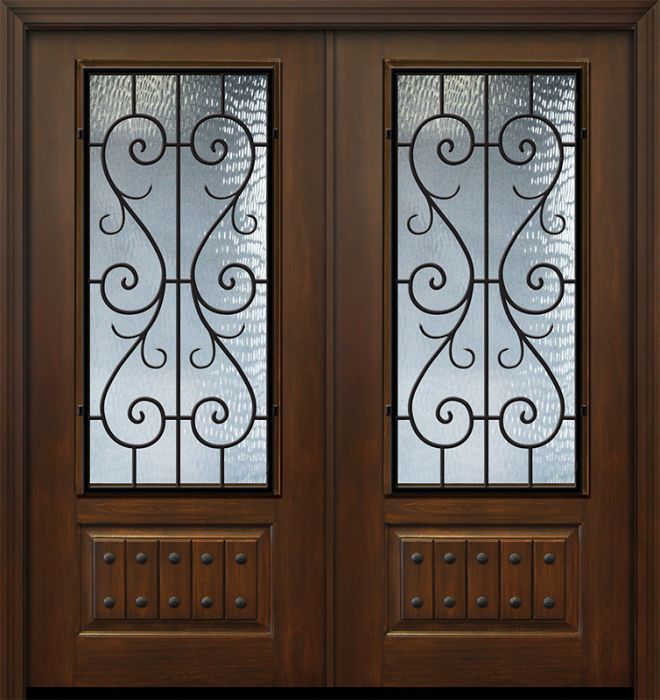 Pro 80" Double 1 Panel 3/4 Lite St Charles Wrought Iron Mahogany Door