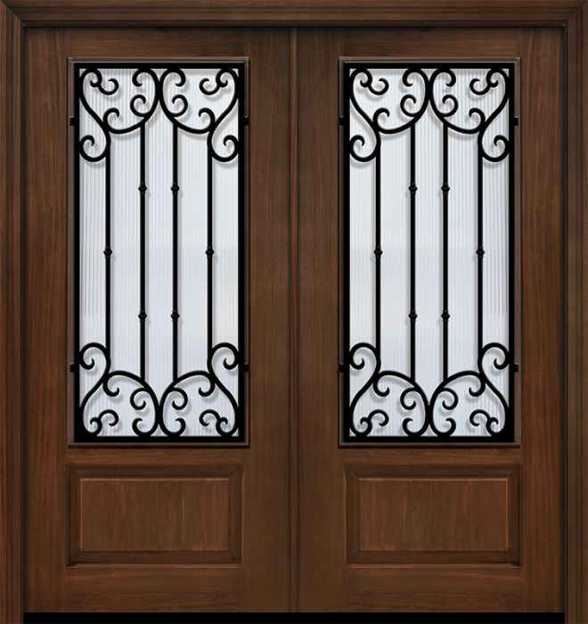 80" Double 1 Panel 3/4 Lite Valencia Wrought Iron Mahogany/Alder Door