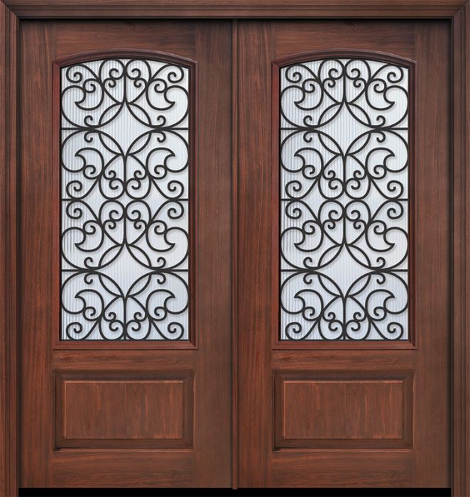 Pro 80" Double 1 Panel 3/4 Arch Lite Florence GBG Mahogany Door