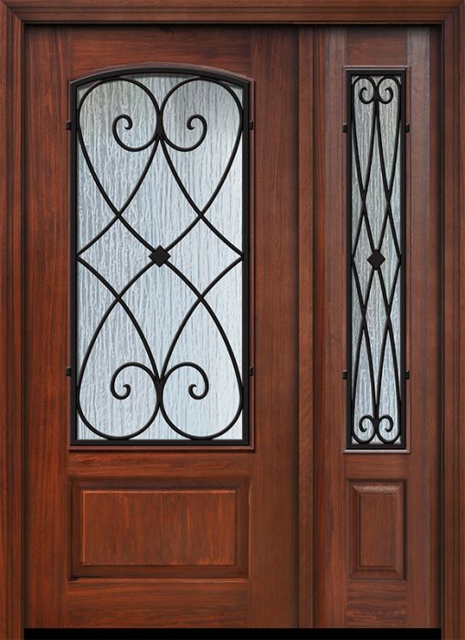 IMPACT | 80" 1 Panel 3/4 Arch Lite Charleston Wrought Iron Mahogany Door /1side