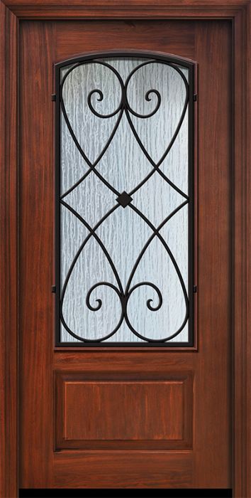 Pro 80" 1 Panel 3/4 Arch Lite Charleston Wrought Iron Mahogany Door