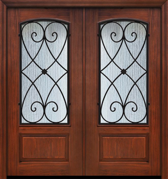 Pro 80" Double 1 Panel 3/4 Arch Lite Charleston Wrought Iron Mahogany Door