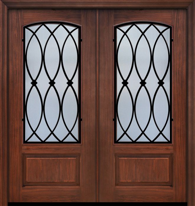 Pro 80" Double 1 Panel 3/4 Arch Lite La Salle Wrought Iron Mahogany Door