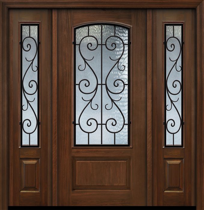 80" 1 Panel 3/4 Arch Lite St Charles Wrought Iron Mahogany Door /2side