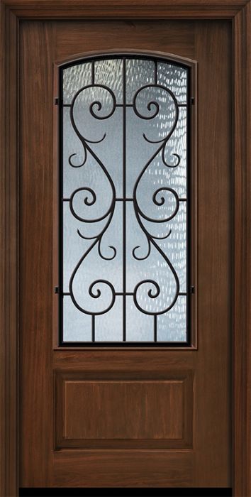 Pro 80" 1 Panel 3/4 Arch Lite St Charles Wrought Iron Mahogany Door