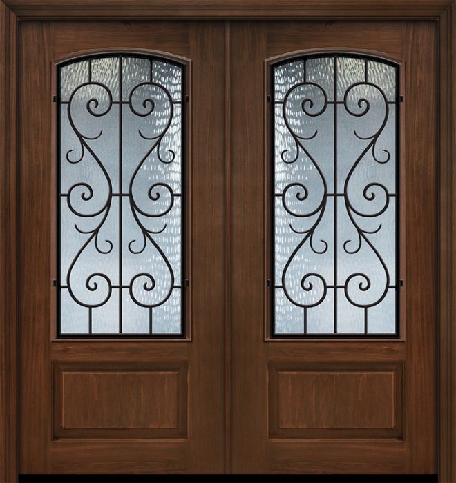 Pro 80" Double 1 Panel 3/4 Arch Lite St Charles Wrought Iron Mahogany Door