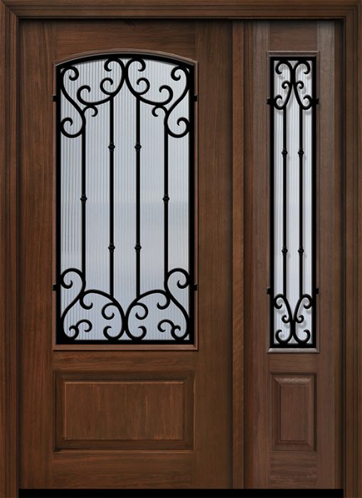 IMPACT | 80" 1 Panel 3/4 Arch Lite Valencia Wrought Iron Mahogany Door /1side