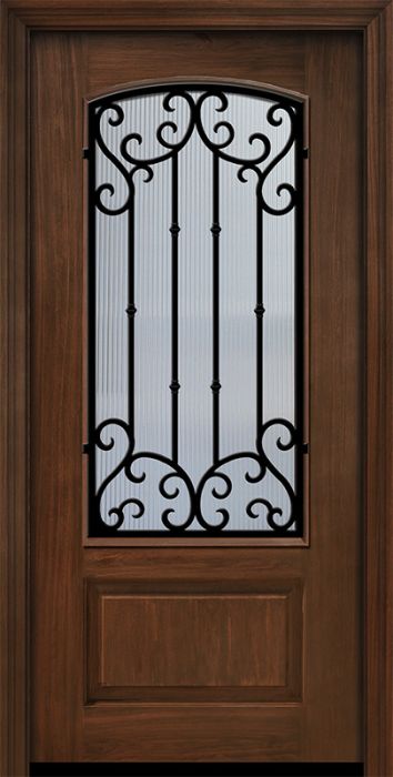 Pro 80" 1 Panel 3/4 Arch Lite Valencia Wrought Iron Mahogany Door