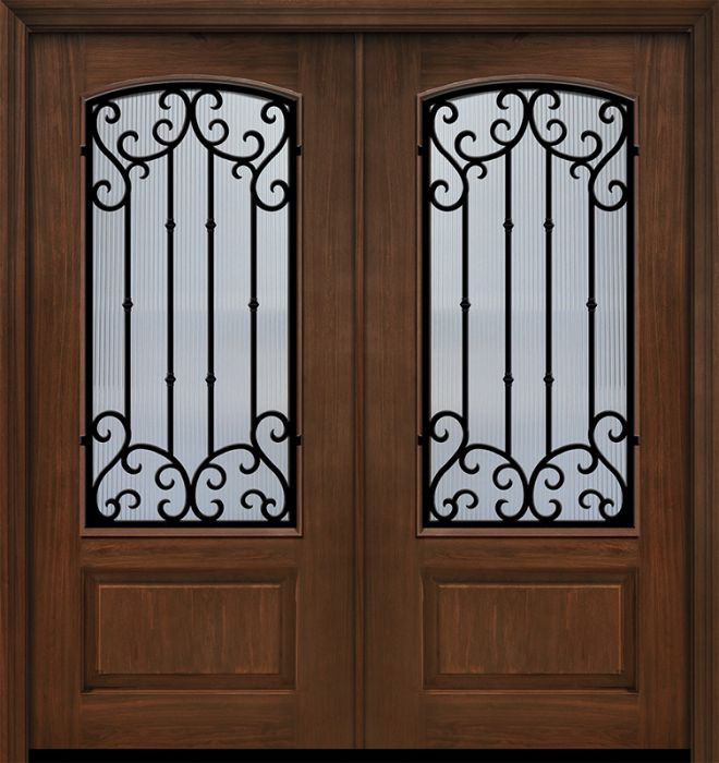 Pro 80" Double 1 Panel 3/4 Arch Lite Valencia Wrought Iron Mahogany Door