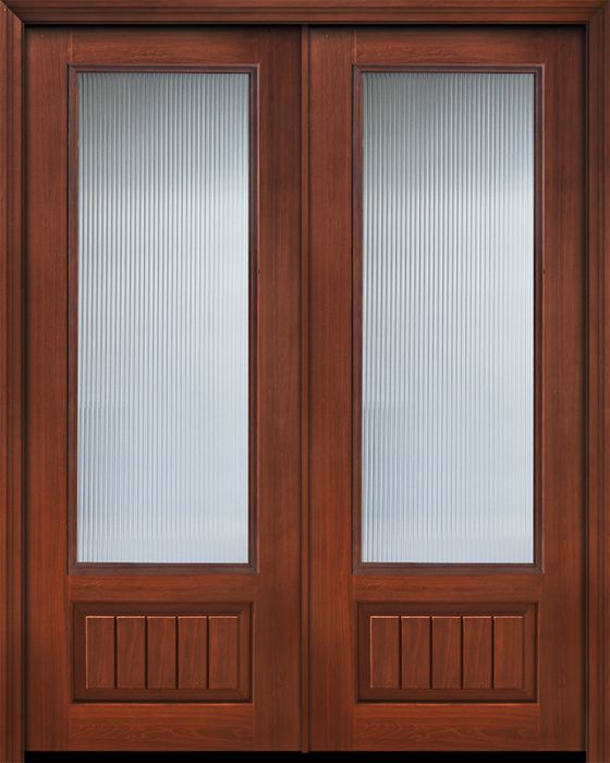 Pro 96" Double 3/4 Lite Privacy & Patterns Glass V-Grooved Panel Mahogany Door
