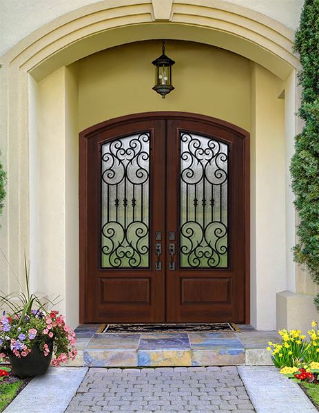 96" Double Arch Top Marbella Wrought Iron Mahogany/Alder Door