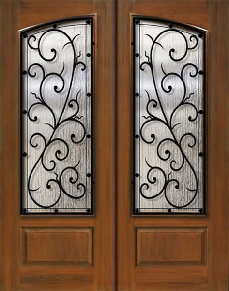 IMPACT | 96" Double Square Top Arch Lite Bellagio Wrought Iron Mahogany/Alder Door