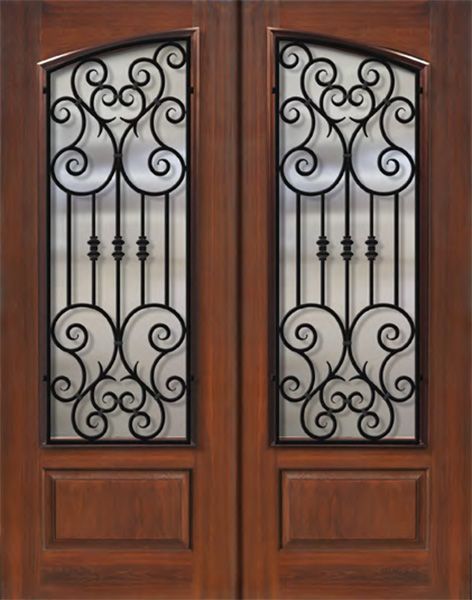 96" Double Square Top Arch Lite Marbella Wrought Iron Mahogany/Alder Door