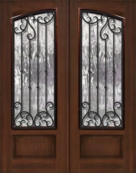 IMPACT | 96" Double Square Top Arch Lite Valencia Wrought Iron Mahogany/Alder Door