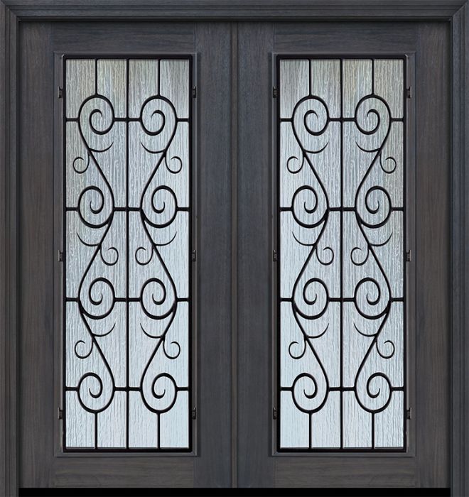 Pro 80" Double Full Lite St Charles Wrought Iron Mahogany Door