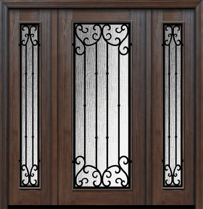 Pro 80" Full Lite Valencia Wrought Iron Mahogany Door /2side