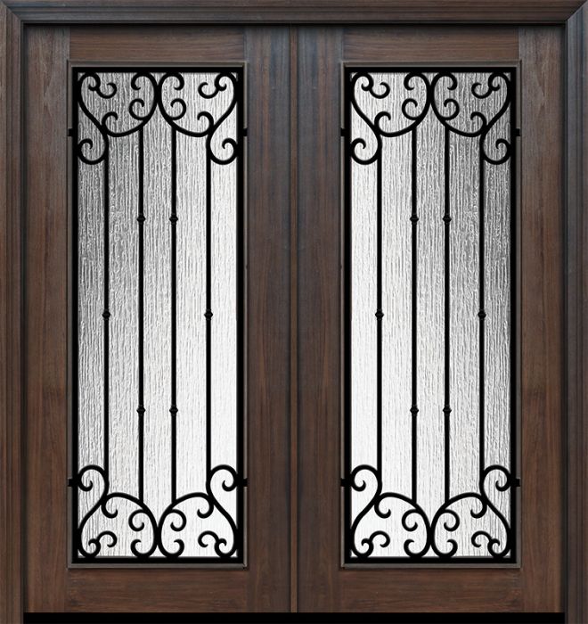 Pro 80" Double Full Lite Valencia Wrought Iron Mahogany Door